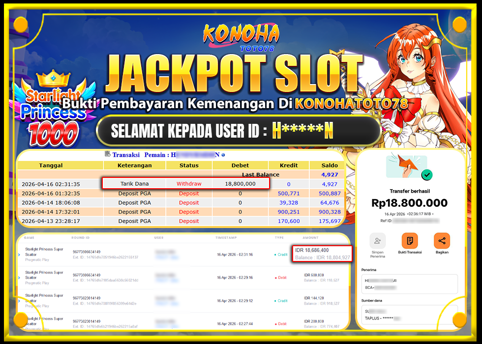 KONOHATOTO78 JACKPOT STARLIGHT PRINCESS 1000Rp18.800.000,LUNAS